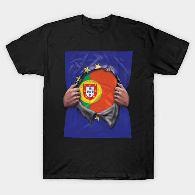 Portugal Flag European Union Flag Ripped Open - Gift for Portuguese From Portugal T-Shirt by Country Flags